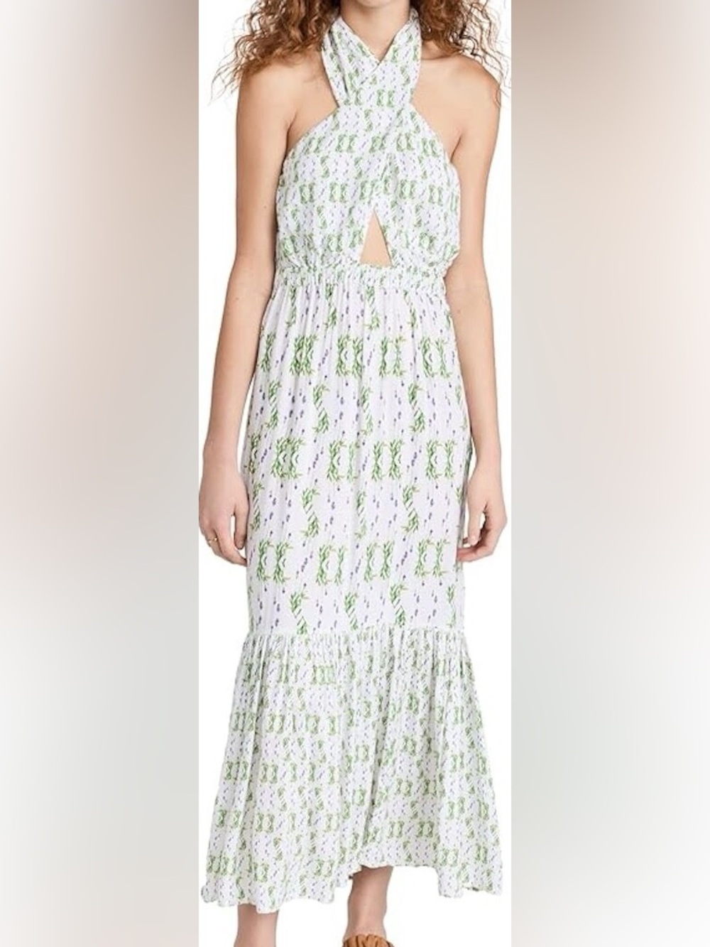 Playa Lucila Halter Maxi Dress Small White Lavender Floral Cutout